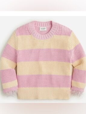 J. Crew Pastel Pink and Cream Wide-Stripe Crewneck Sweater with Feather Trim